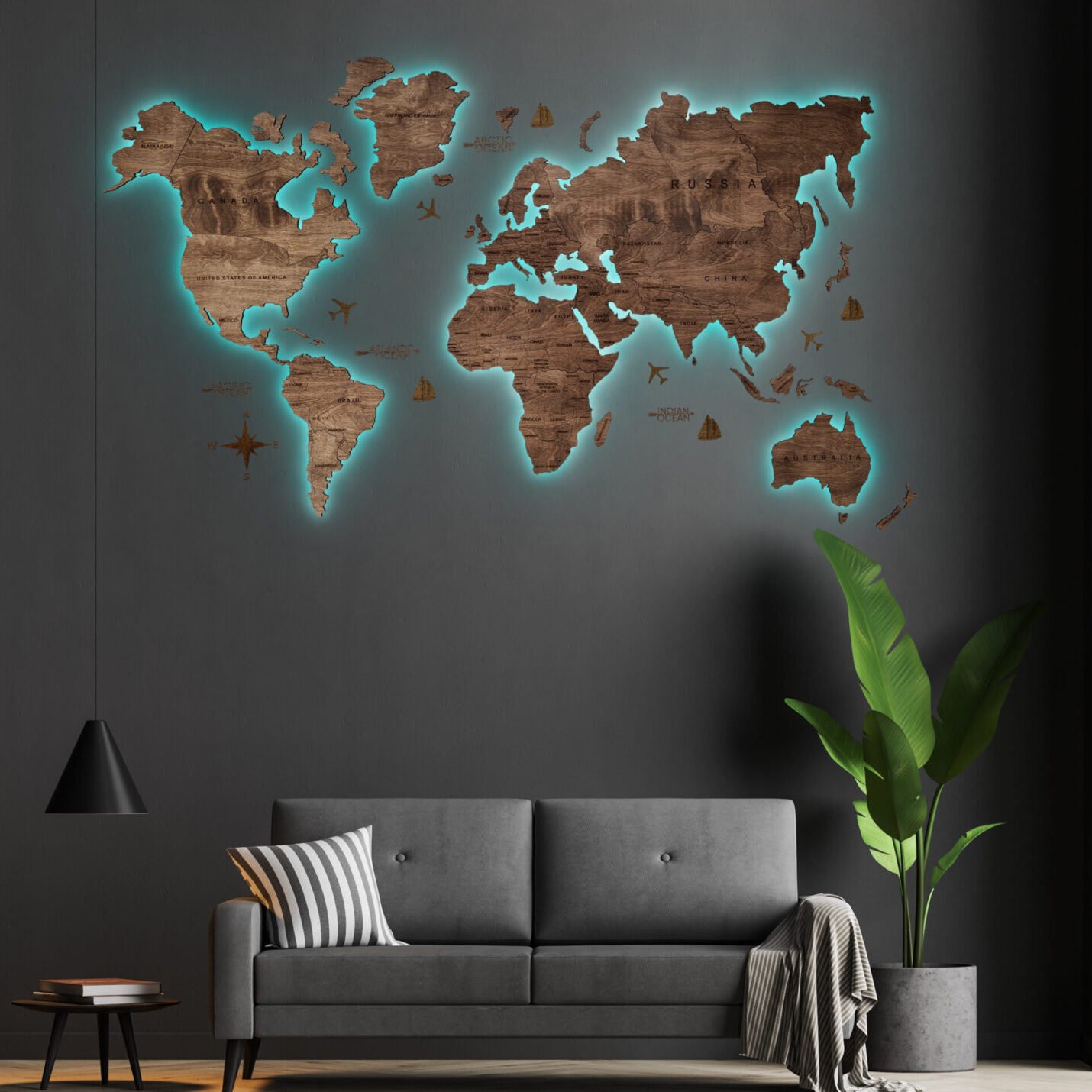 Dark living room interior with black empty wall LED Wooden Map - Image 7