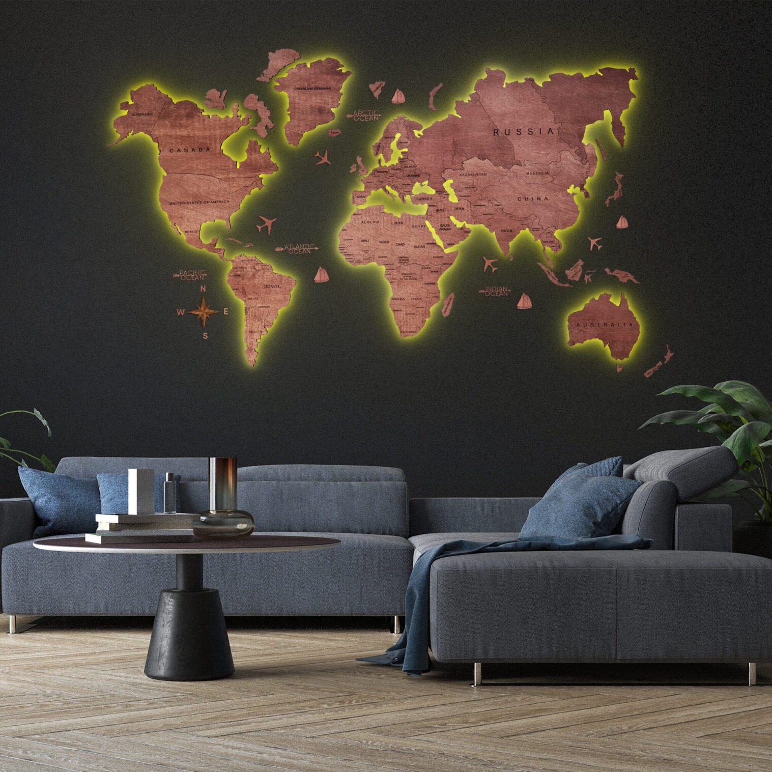 Modern interior living room design and black wall pattern textur LED Wooden Map - Image 6