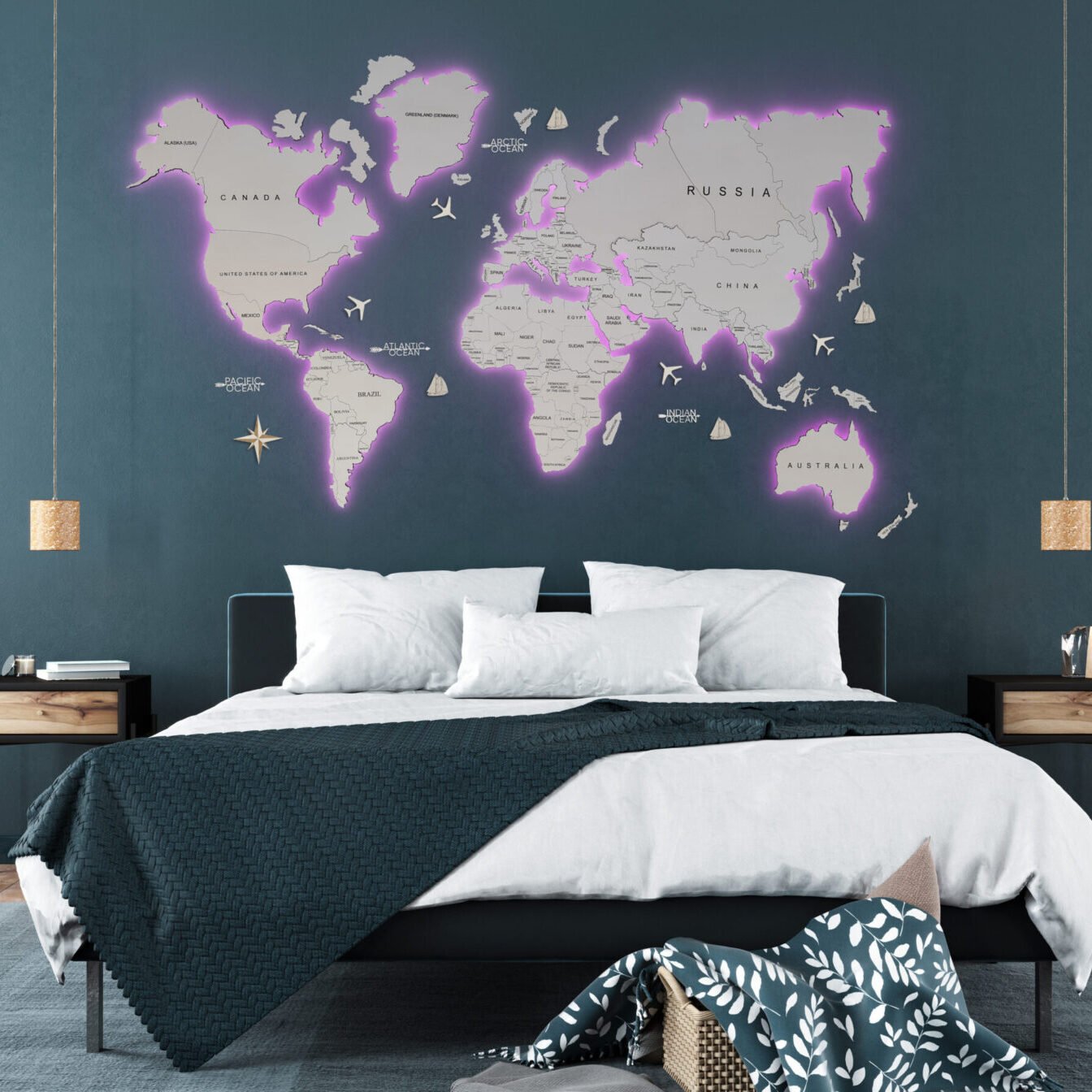 Stylish bedroom interior in trendy blue LED Wooden Map - Image 8