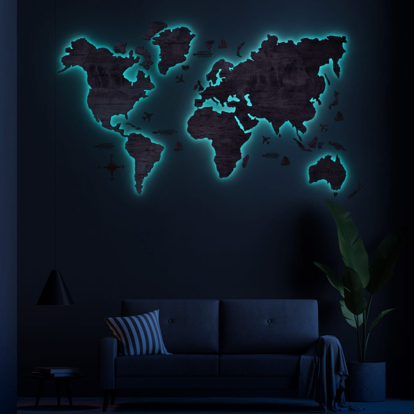 Dark living room interior with black empty wall LED Wooden Map - Image 5