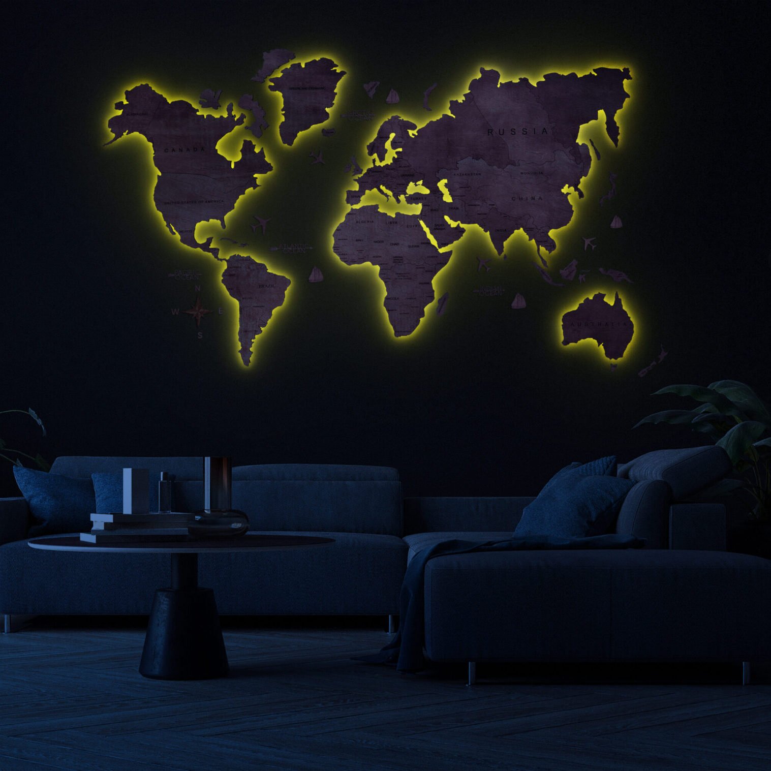 Modern interior living room design and black wall pattern textur LED Wooden Map - Image 4