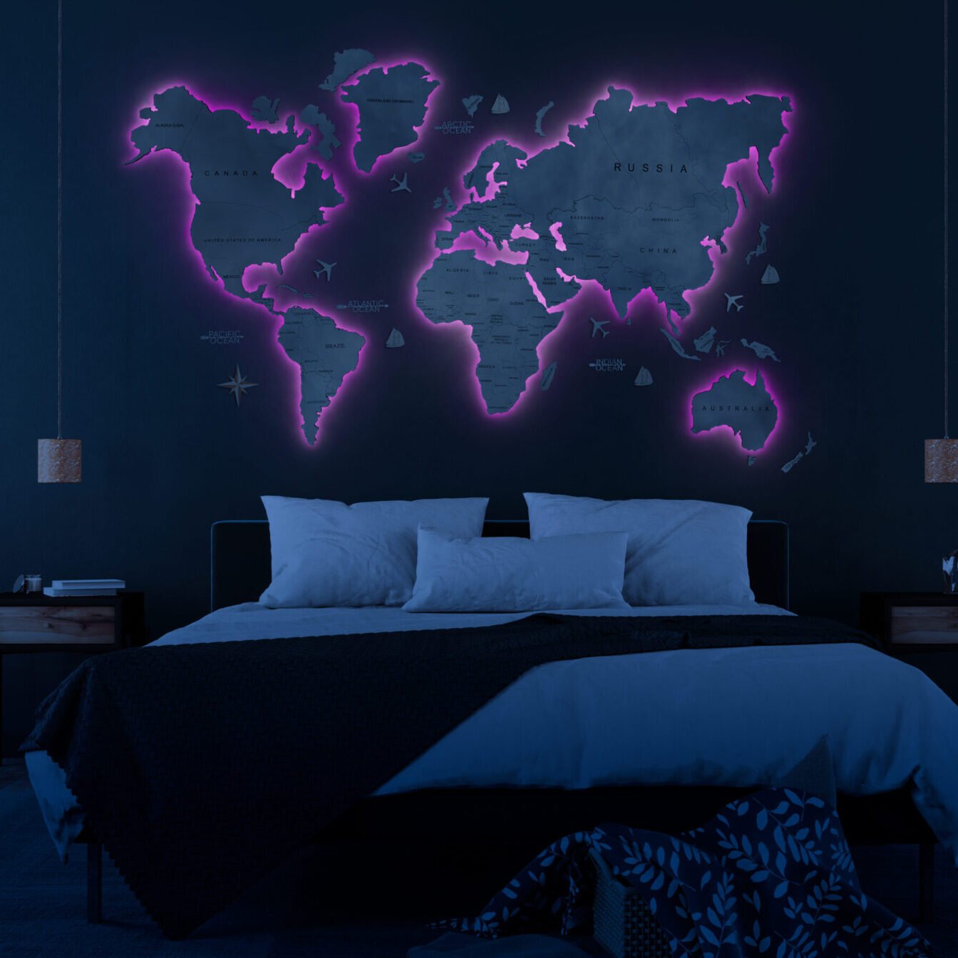 Stylish bedroom interior in trendy blue LED Wooden Map - Image 3